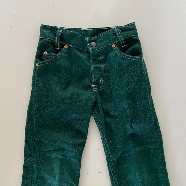 70s Kids Green Flared Levis White Tab Levi Strauss Flare Jeans with Reinforced Knee Size 5