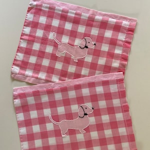 50s 60s Baby Dog Pillow Cases Set of 2 Pink Gingham Embroidered Dachshund Mini Pillow Shams Nursery Decor