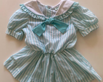 1980s Toddler Striped Mint Chip Dress Collared Ascot Blouson Waist Short Sleeve Rare Editions ILGWU Label Size 4T