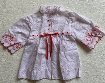 70s Toddler Red Polka Dot Embroidered Dress Ruffled Neck Puff Sleeves by ToddleTime Size 28-32 lbs