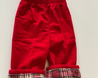 Vintage 70s 80s Baby Red Corduroy Pants Plaid Flannel Lined Pull On Pants Holiday Trouser Pants Play Pants Size 9-12 Months