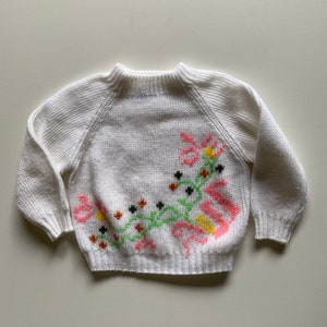 Vintage 70s Toddler Girl Floral Sweater White Pink Green Mock Turtleneck Fashioned by Newport Size 2T-3T