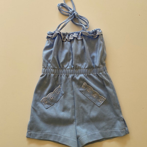 80s Girls Tie Neck Playsuit Striped Eyelet Romper Summer Short Jumpsuit by Carter's Size 5-6