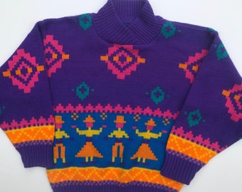 Vintage 80s Girls Purple &quot;Folk People&quot; Print Turtleneck Sweater Neon Orange Green Yellow Pullover Mock Neck Size 8-10