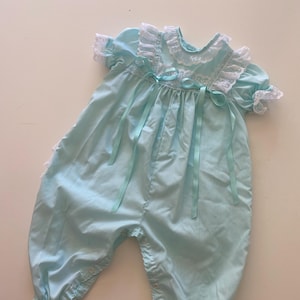 Vintage 80s 90s Baby Ruffled Bubble Romper Mint Green Special Occasion Outfit Summer Jumpsuit Size 6-9 Months