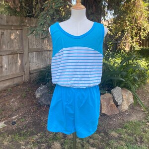 Vintage 80s Deadstock Kids Romper Mesh Blue Striped Tank Playsuit Short Jumpsuit by Julie Girl Youth Size 14 Women Small