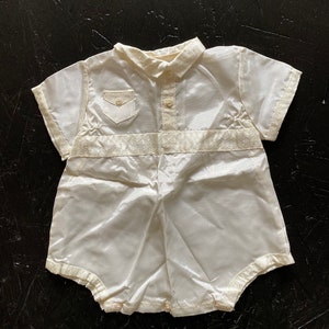Vintage 50s Baby White Romper Taffeta Christening Onesie Outfit Wide Leg Romper size 0-3 Months