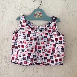 Vintage 60s Toddler USA Nautical Top Red White Blue Sleeveless Cotton Sailor Shirt Size 3T 4T