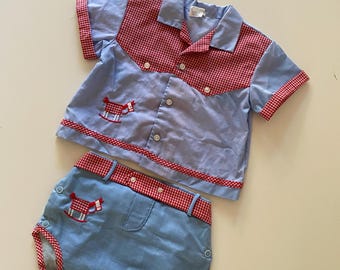 Vintage Baby "Horse" Western 2 Piece Outfit: Shirt, Plastic Lined Bloomers Size 12-18 Months