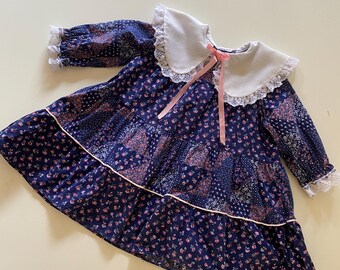 Vintage Toddler Navy Calico Tiered Dress Cotton Long Sleeves Special Occasion Party Dress Size 2T-3T
