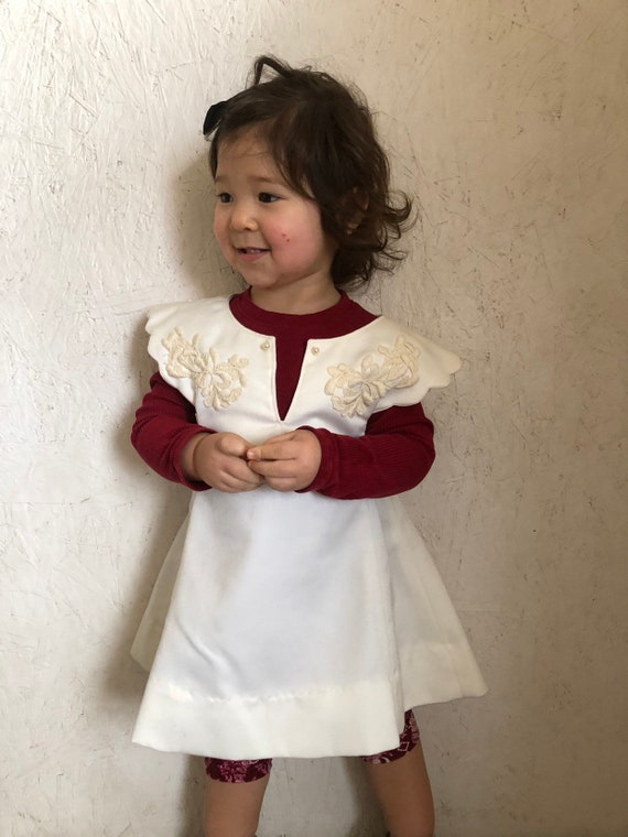 Vintage 70s Toddler Ivory Dress with Lace Appliqu… - image 1
