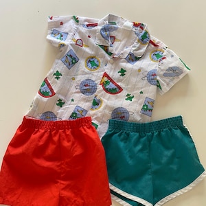 Vintage 80s 90s Toddler &quot;Airplane&quot; Theme Shirt & 2 Shorts Set Button Up Shirt Ringer Shorts Size 3T