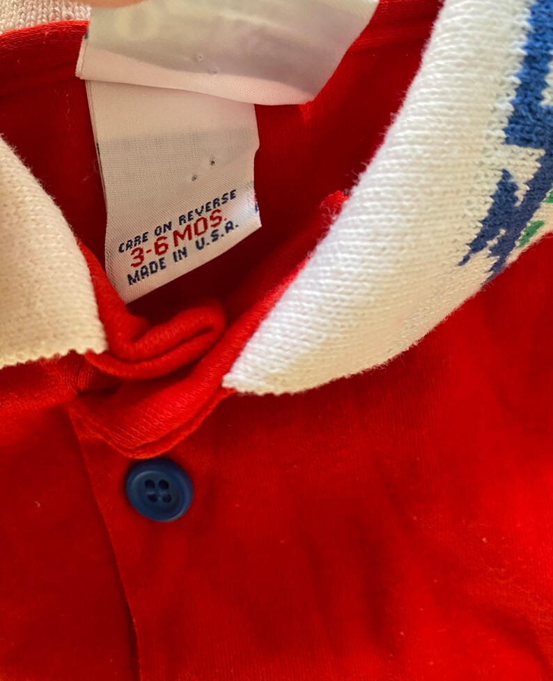Vintage 80s 90s Baby Osh Kosh Top Red "Train" Print Polo Shirt Ringer Unisex Size 3 Months image 6