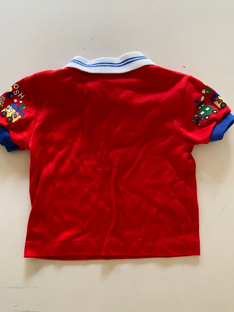 Vintage 80s 90s Baby Osh Kosh Top Red "Train" Print Polo Shirt Ringer Unisex Size 3 Months image 4