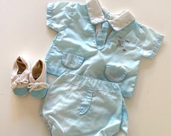 Vintage 70s Baby Boy Outfit Shirt with Faux Tie Sneakers Plastic Lined Diaper Cover Size Newborn 0-3 Months