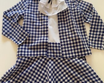 Vintage 70s Girl's Blue Gingham Ascot Flippy Skirt Sleeveless Dress & Jacket Set Size 8-9