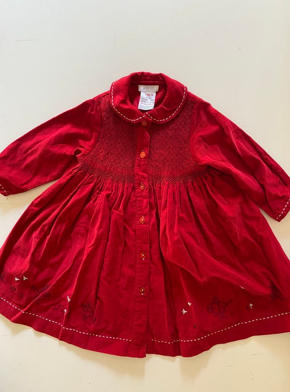 French Vintage Toddler Red Corduroy Dress Smocked… - image 1
