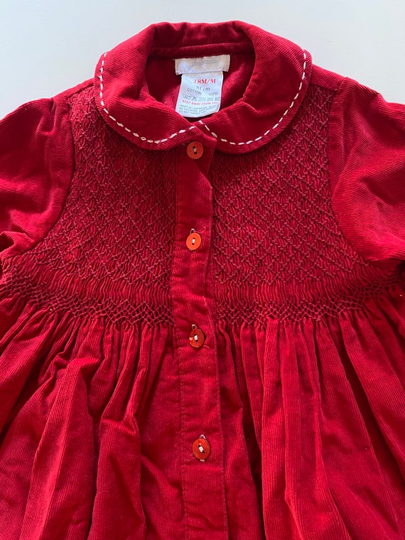 French Vintage Toddler Red Corduroy Dress Smocked… - image 2