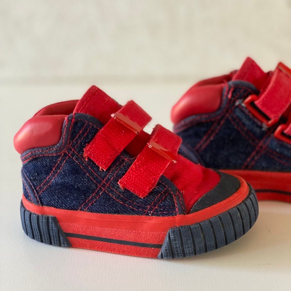 Vintage 90s Toddler Denim Sneakers // Unisex Dark Denim Color Block High Top Velcro Tennis Shoes by Playclothes Size 5