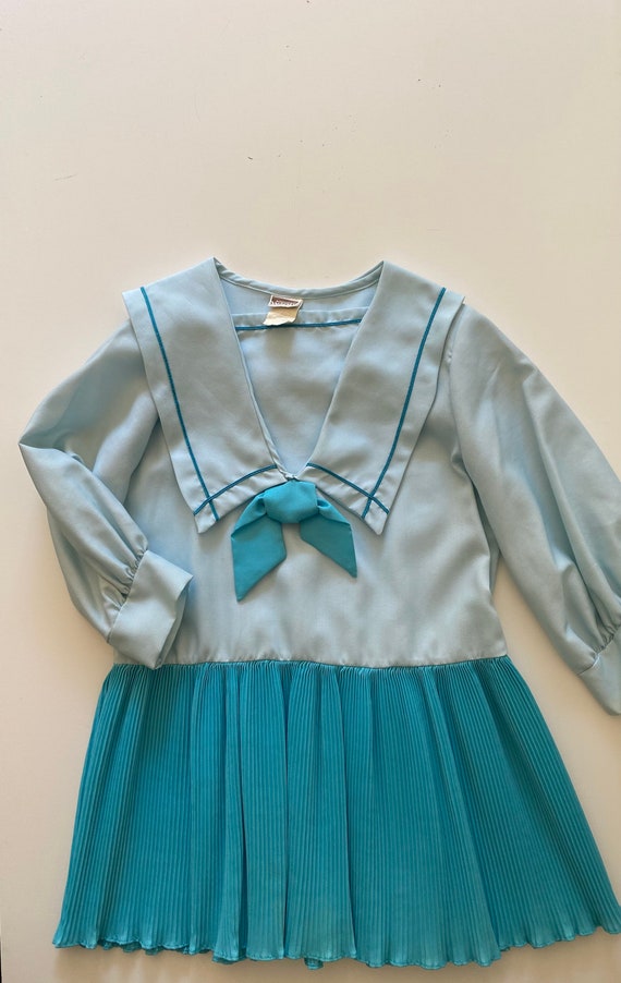 70s Girls Pastel Blue Pleated Sailor Dress with As