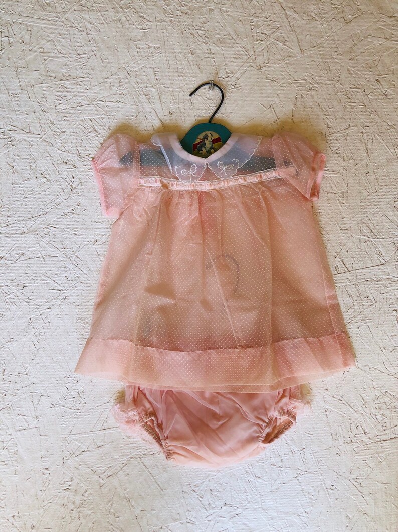 Diaper Cover Vintage Dotted Swiss Puff Sleeve Peter Pan Collar Size 6-12 Months 60s Sheer Pink Baby Dress