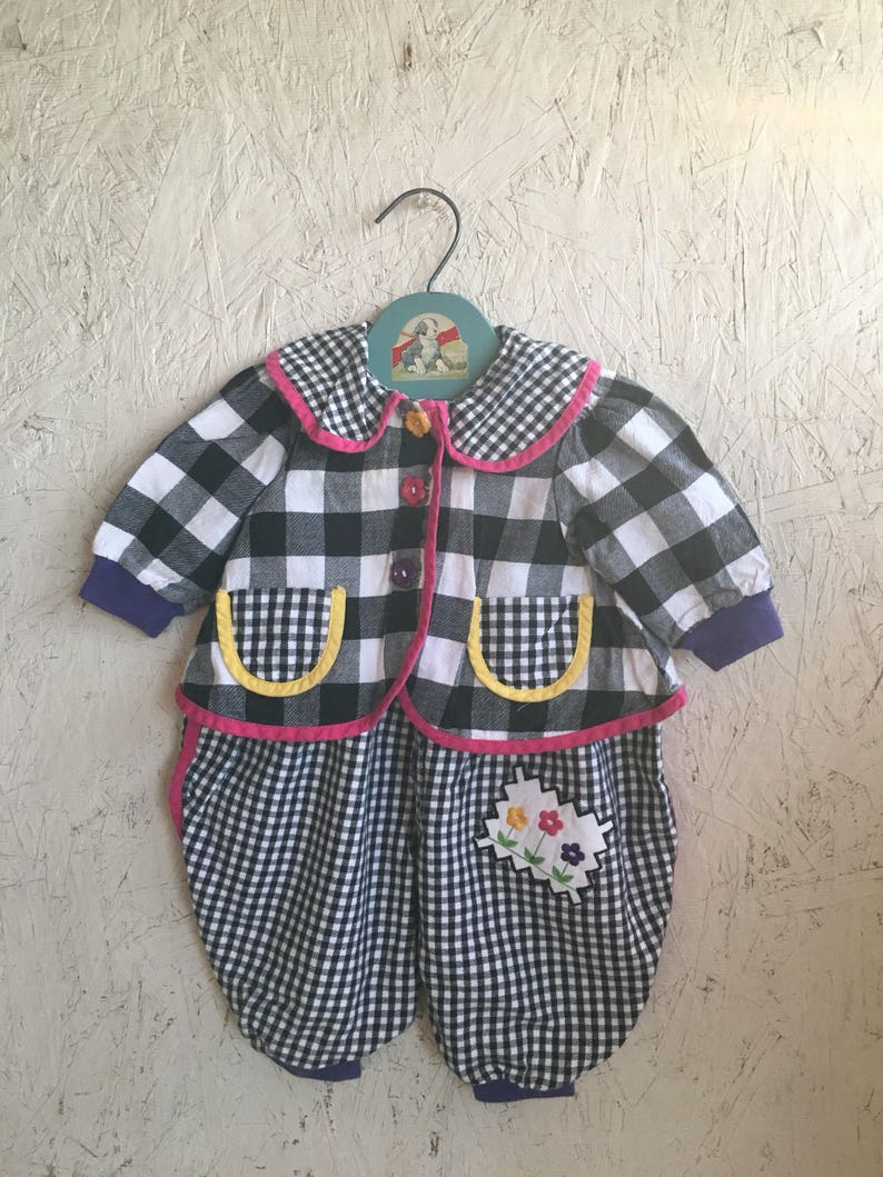 Vintage 80s Baby Clothes Bubble Romper Checked Overalls with Jacket Size 3-6 Months