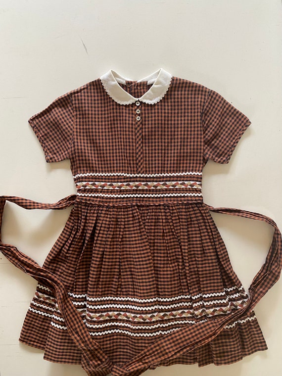 Vintage 50s Kids Checked & Woven School Girl Dres… - image 1