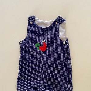 Vintage Kids Polka Dot &quot;Rooster&quot; Shortalls // Navy Blue White Unisex Short Overalls // Embroidered Chicken Jon Jon Size 18-24 Months
