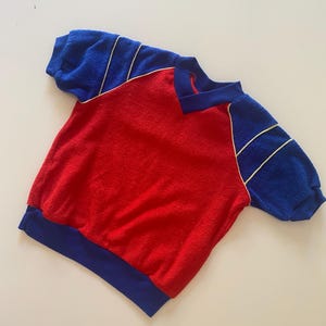 Vintage 90s Kids Boys Terry Cloth Shirt Red Blue V-Neck Color Block Raglan Short Sleeve Summer Shirt Size 5-6