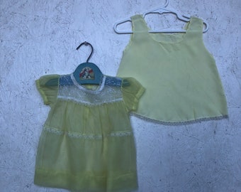 Vintage 50s 60s Baby Sheer Yellow Dress + Slip Set 2 Piece Set Size 12-18 Months