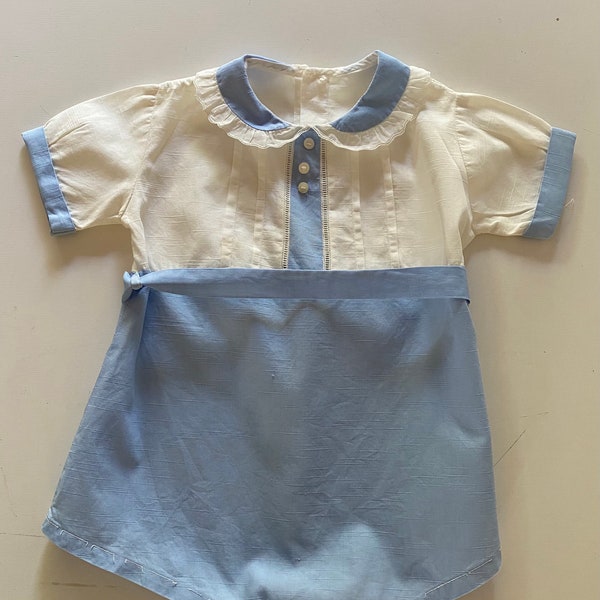 Vintage 50s Baby Romper Blue Cutwork Lace Wide Leg Playsuit Sunsuit Romper Size Estimated 3-6 Months