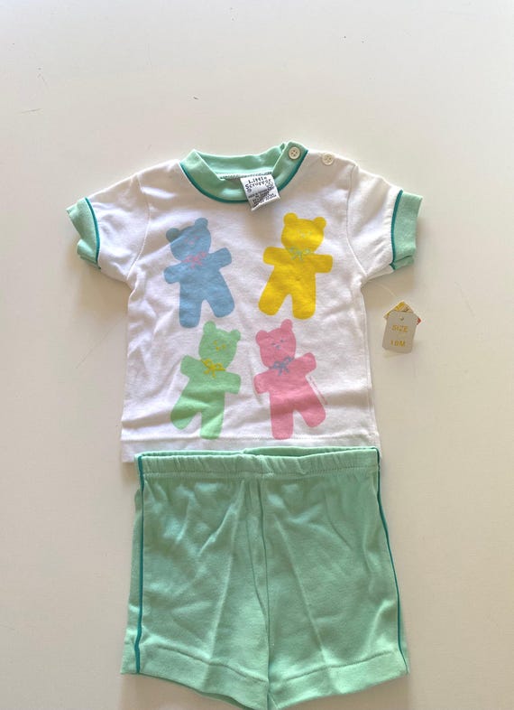80s Kids Bear Shorts Set NWT Vintage Toddler Track Shorts & Ringer T Shirt Deadstock by Little Scrapper Size 18 Months