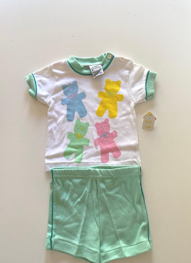 80s Kids Bear Shorts Set NWT Vintage Toddler Track Shorts & Ringer T Shirt Deadstock by Little Scrapper Size 18 Months image 1