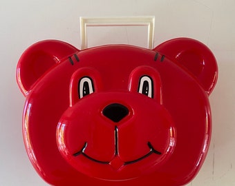Vintage Teddy Bear Shaped Lunchbox & YPW Thermos Red Plastic Animal Lunch Box Taiwan