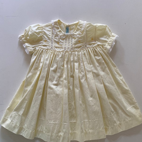 50s Baby Yellow "Strawberry" Heirloom Dress Cotton Embroidered Specialty Dress Hand Made By Cherubs Size 6-9 Months