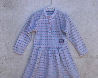 Vintage 80s 90s White Floral Oshkosh Dress Drop Waist Dress Lace Peter Pan Collar Size 8-10