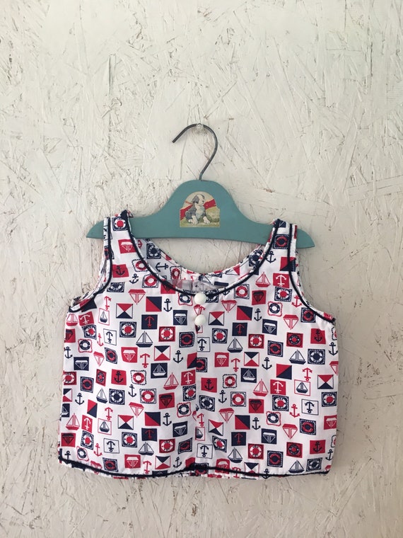 Vintage 60s Toddler USA Nautical Top Red White Blu