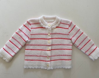 50s 60s Baby Girl Cardigan Sweater White Red Stripes Pointelle Scalloped Collar Size 6-12  Months