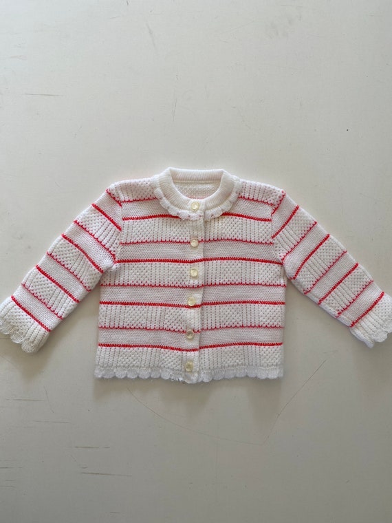 50s 60s Baby Girl Cardigan Sweater White Red Stri… - image 1