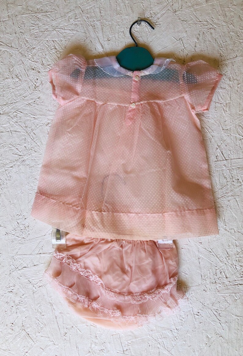 Diaper Cover Vintage Dotted Swiss Puff Sleeve Peter Pan Collar Size 6-12 Months 60s Sheer Pink Baby Dress