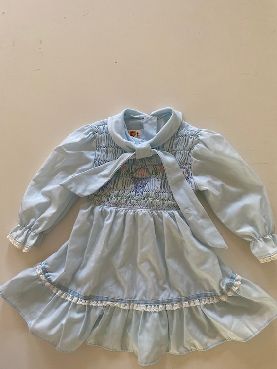 70s Toddler Ascot Smocked Blue "Flower Basket" Dr… - image 1