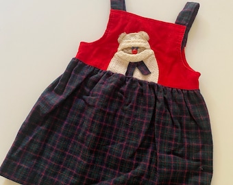 Vintage 80s Girls "Teddy Bear" Jumper Dress Corduroy Flannel Green Navy Red Plaid Christmas Dress by Ruth Scharf Size 6