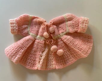 Vintage 50s 60s Knit Baby Girl Strawberry Cream Fit & Flare Sweater Coat with Pom Poms Newborn