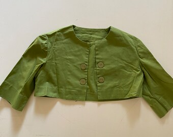 50s 60s Toddler Girls Avocado Green Bolero Jacket Cropped Cotton Light Weight Jacket Size 3T-4T