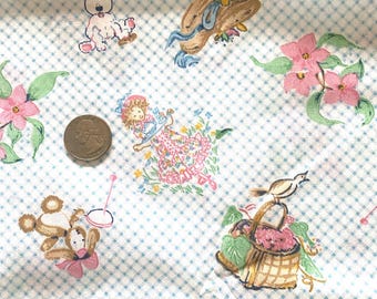 May include: Fabric with a light blue and white checkered pattern featuring illustrations of a dog, bunny, doll, flowers, and a bird with a basket. The fabric has a vintage, whimsical aesthetic.