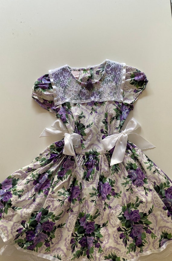 80s 90s Kids Purple Floral Lace Crinoline Dress //
