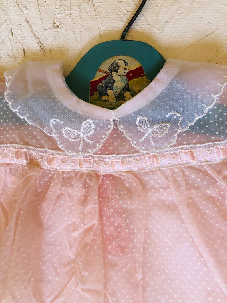 Diaper Cover Vintage Dotted Swiss Puff Sleeve Peter Pan Collar Size 6-12 Months 60s Sheer Pink Baby Dress