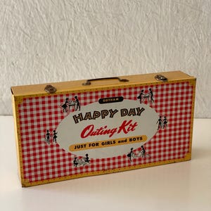 Vintage 50s-60s Kids Metal Picnic Box Botham Happy Day Outing Kit Just For Girls and Boys Montgomery Ward