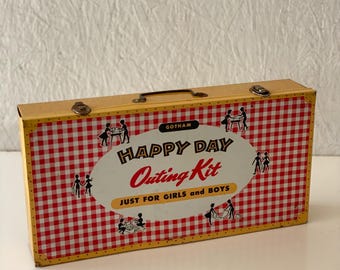 Vintage 50s-60s Kids Metal Picnic Box Botham Happy Day Outing Kit Just For Girls and Boys Montgomery Ward