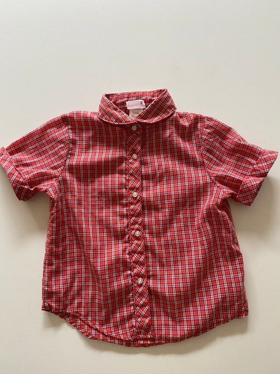 70s 80s Kids Peter Pan Plaid Blouse // Red Collared Top // | Etsy